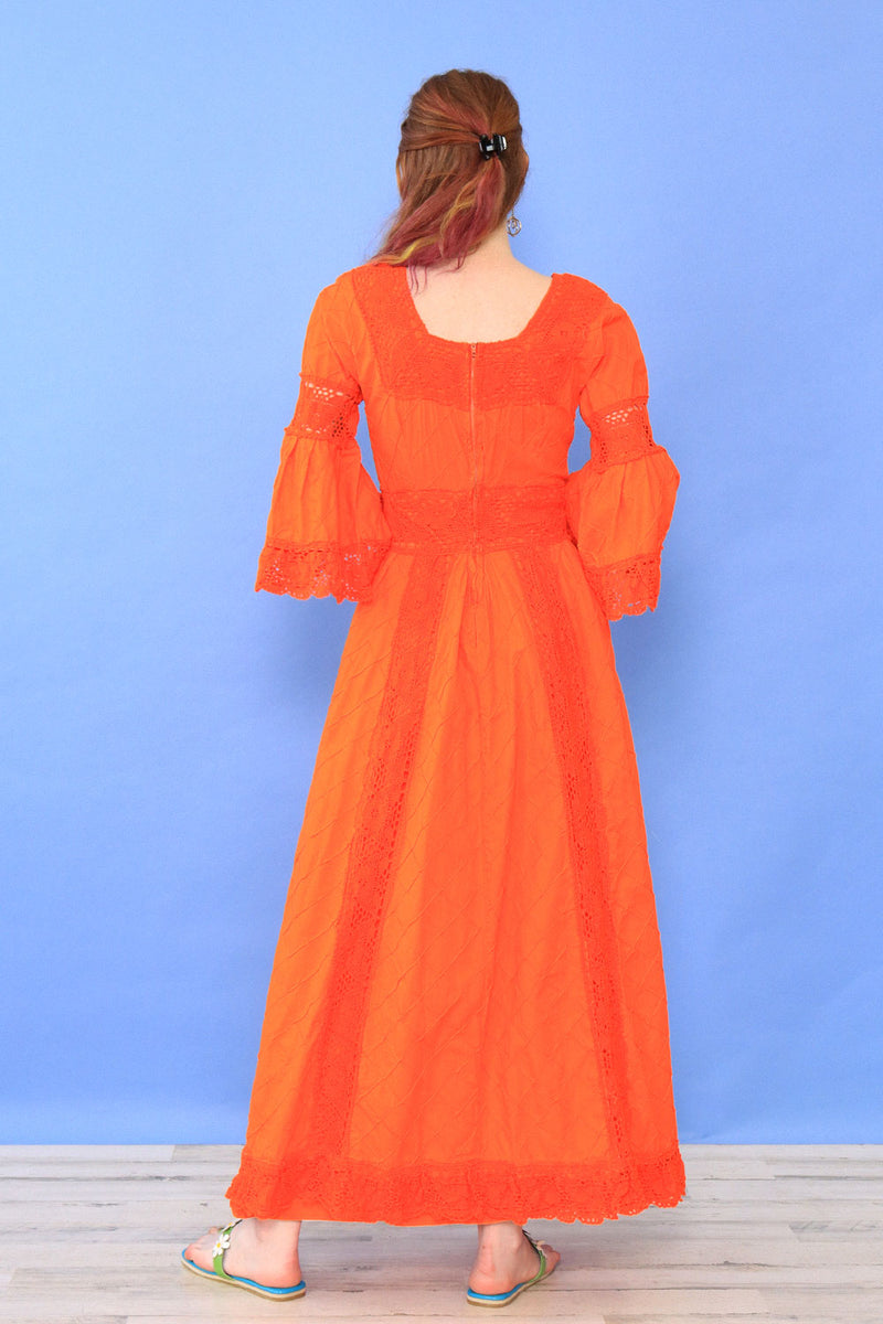 Tangerine Lace Trim Mexican Dress S