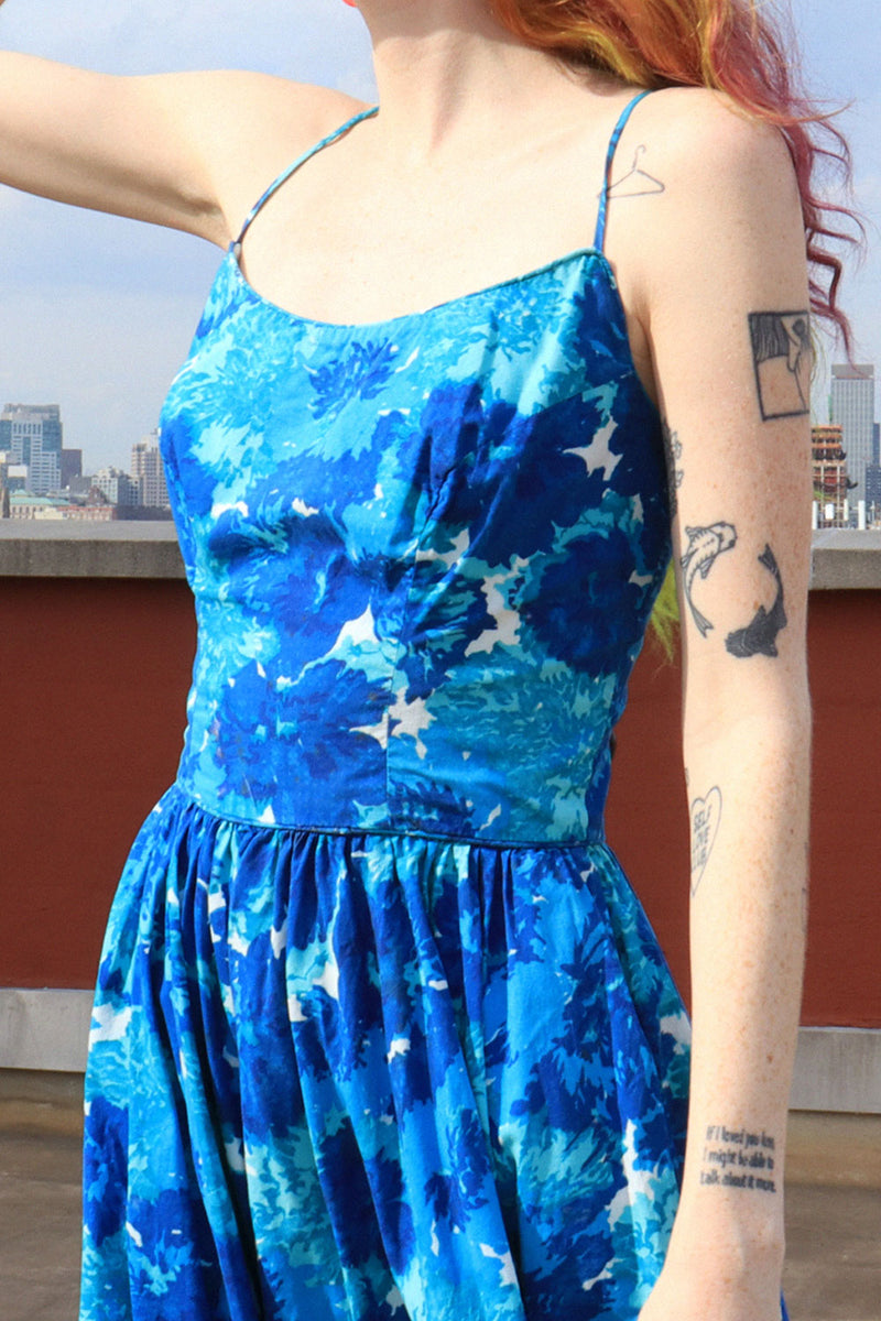 Blues Flowery Cotton Dress S-S/M