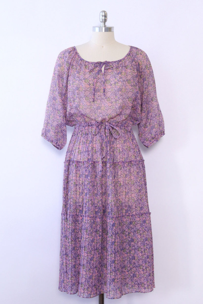 Lilac Pleated Floral Peasant Dress M/L