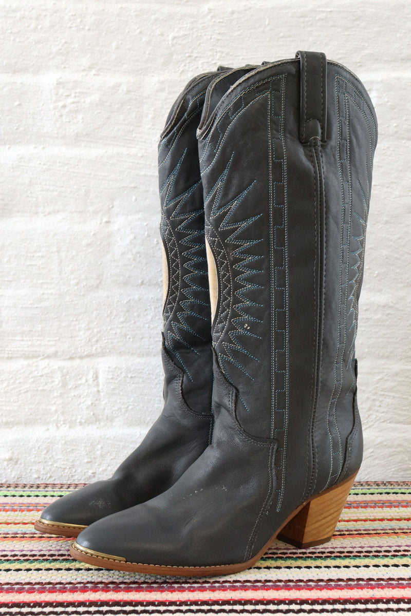 1970s Pewter Embroidered Leather Boots 6-6.5