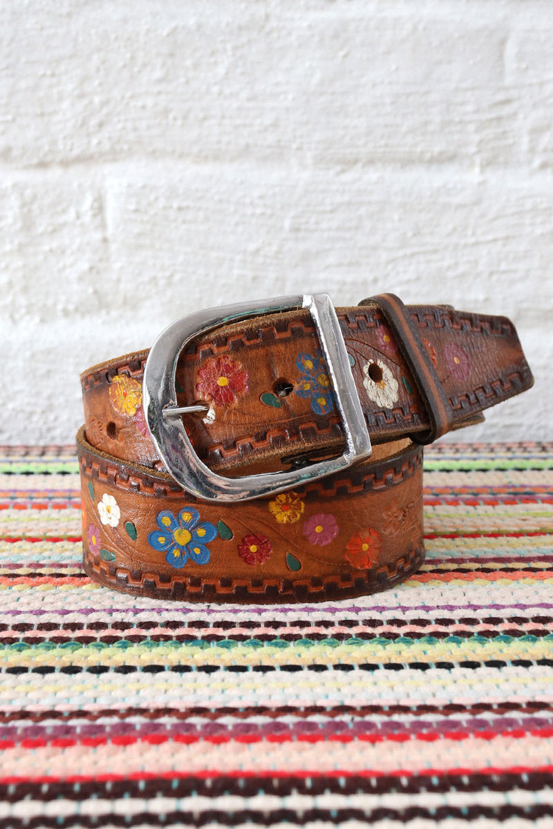 Painted Flowers Leather Belt