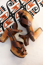1970s Leapin' Lizards Leather and Wood Platforms 8-8.5