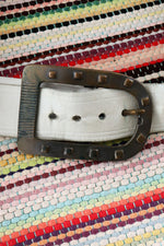 1970s White Leather Chunky Buckle Belt
