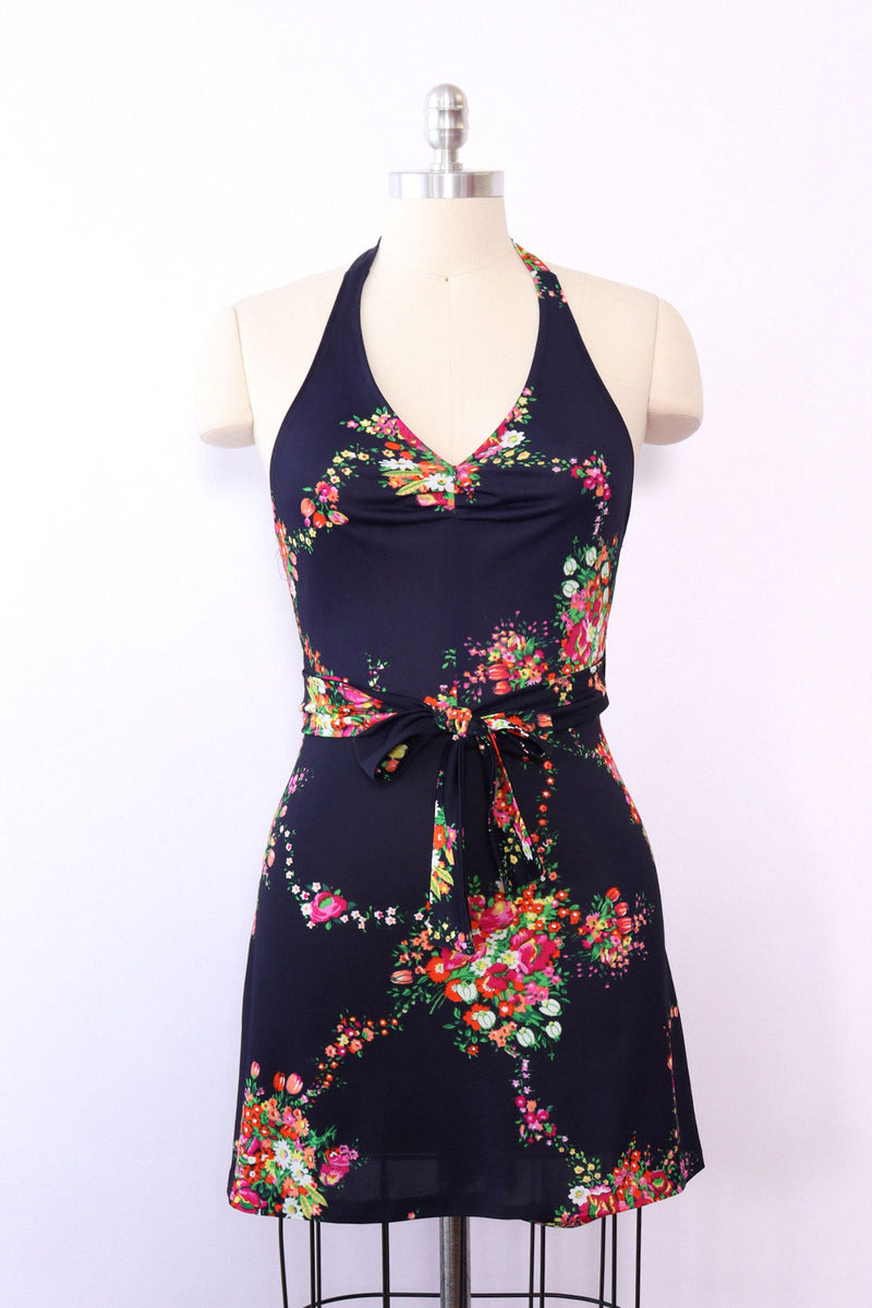 1970s Dark Floral Mini Wrap Dress XS/S