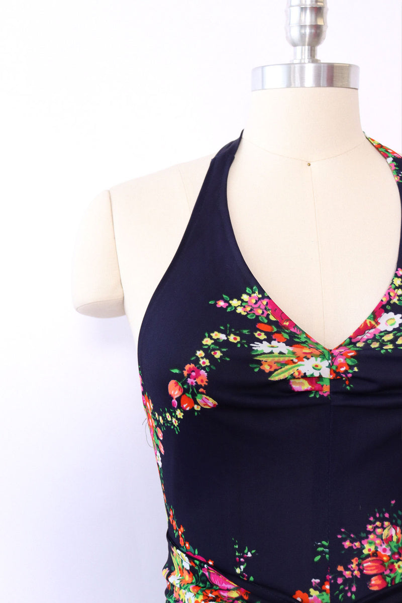 1970s Dark Floral Mini Wrap Dress XS/S