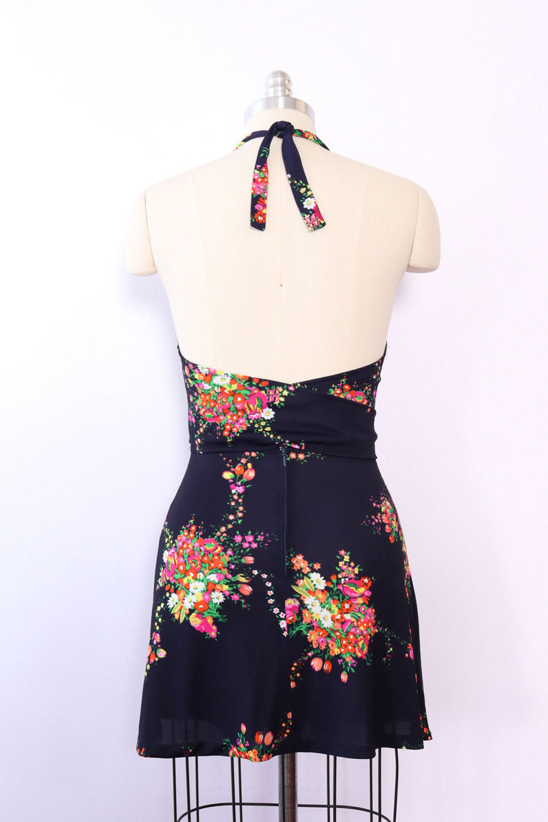 1970s Dark Floral Mini Wrap Dress XS/S