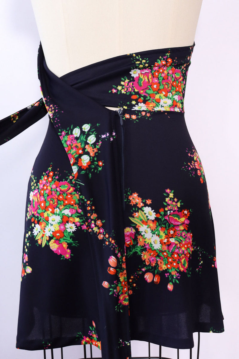1970s Dark Floral Mini Wrap Dress XS/S