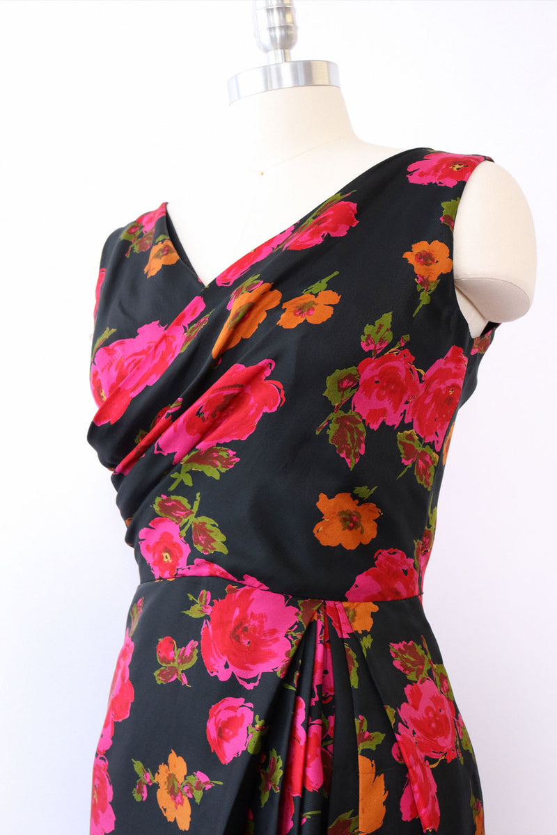 Draped Silk Floral Wiggle Dress M