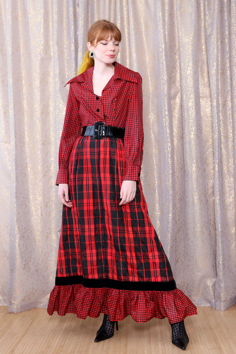 Mixed Plaid Quilted Hostess Dress XS OMNIA Mixed Plaid Quilted Hostess Dress XS OMNIA