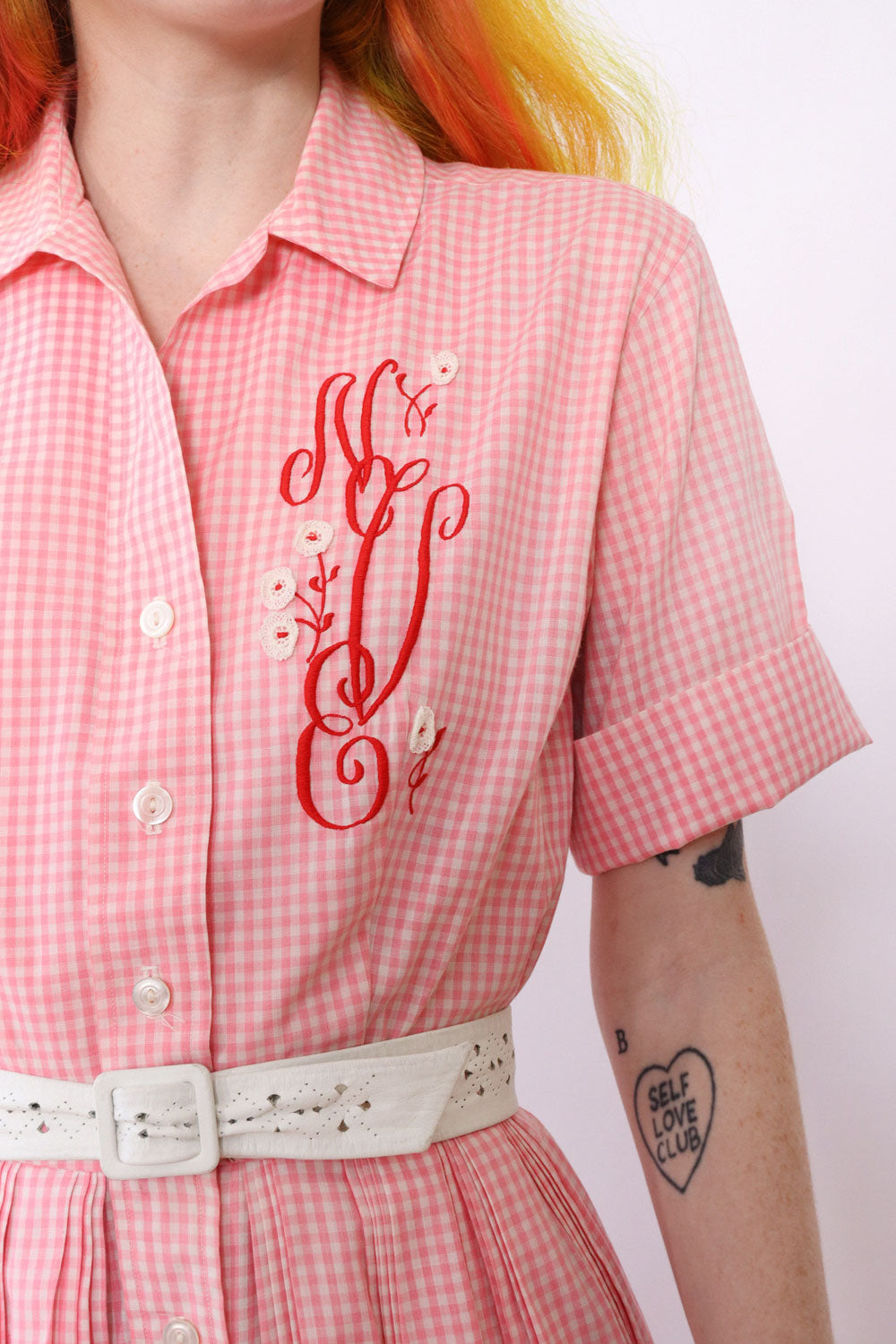 Pink Gingham Monogrammed Shirt Dress XS