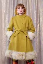 Fur Trimmed Chartreuse Swing Coat S/M