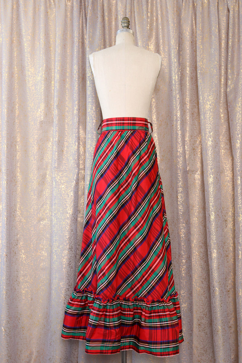 Festive Plaid Taffeta Maxi Skirt L