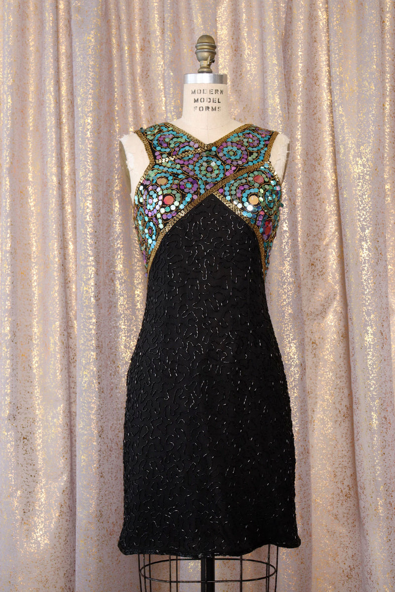 Shimmering Sequined Silk Dress M