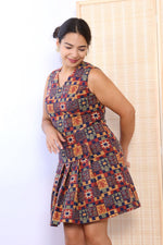 Tapestry Grid Pleat Mini Dress L