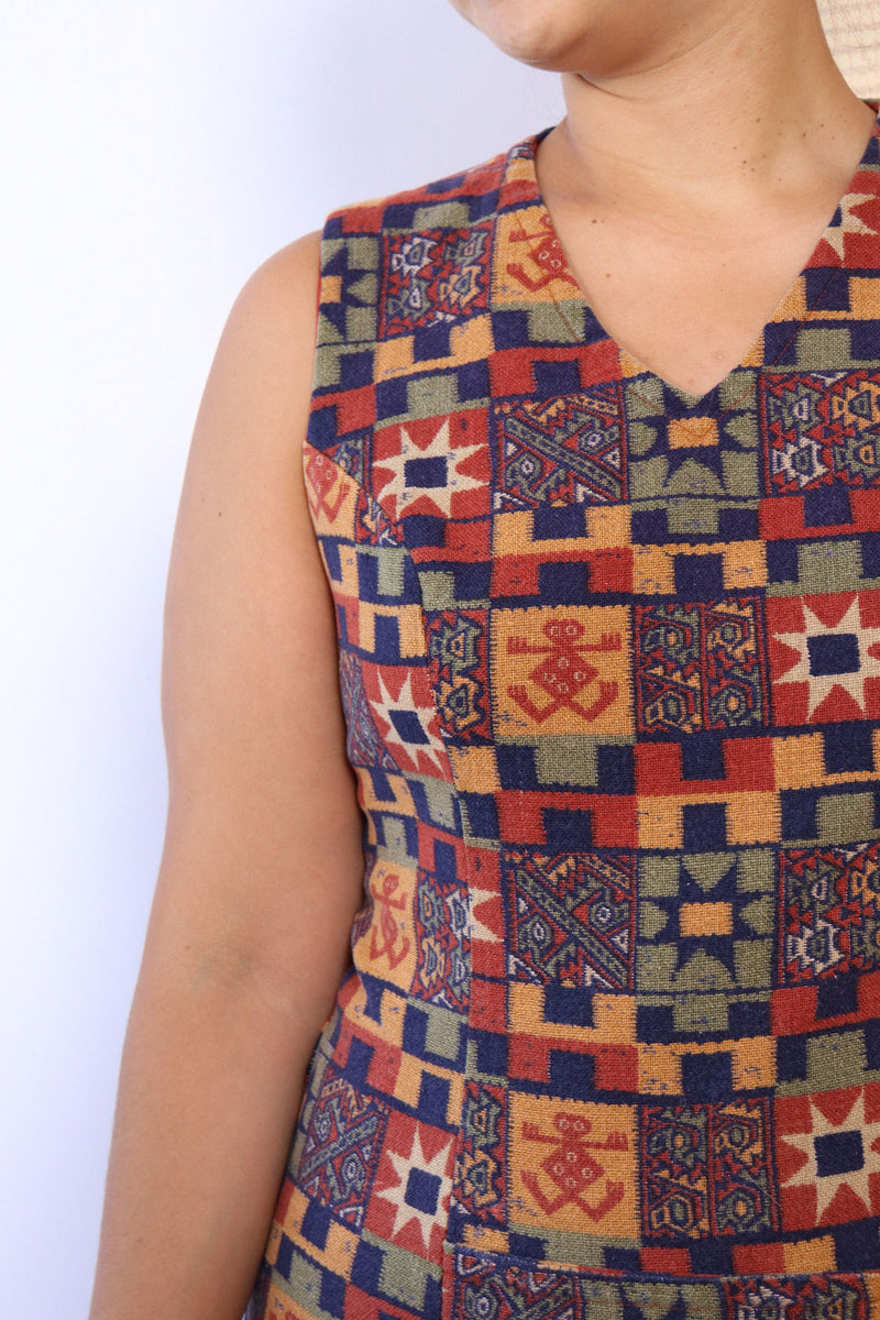 Tapestry Grid Pleat Mini Dress L