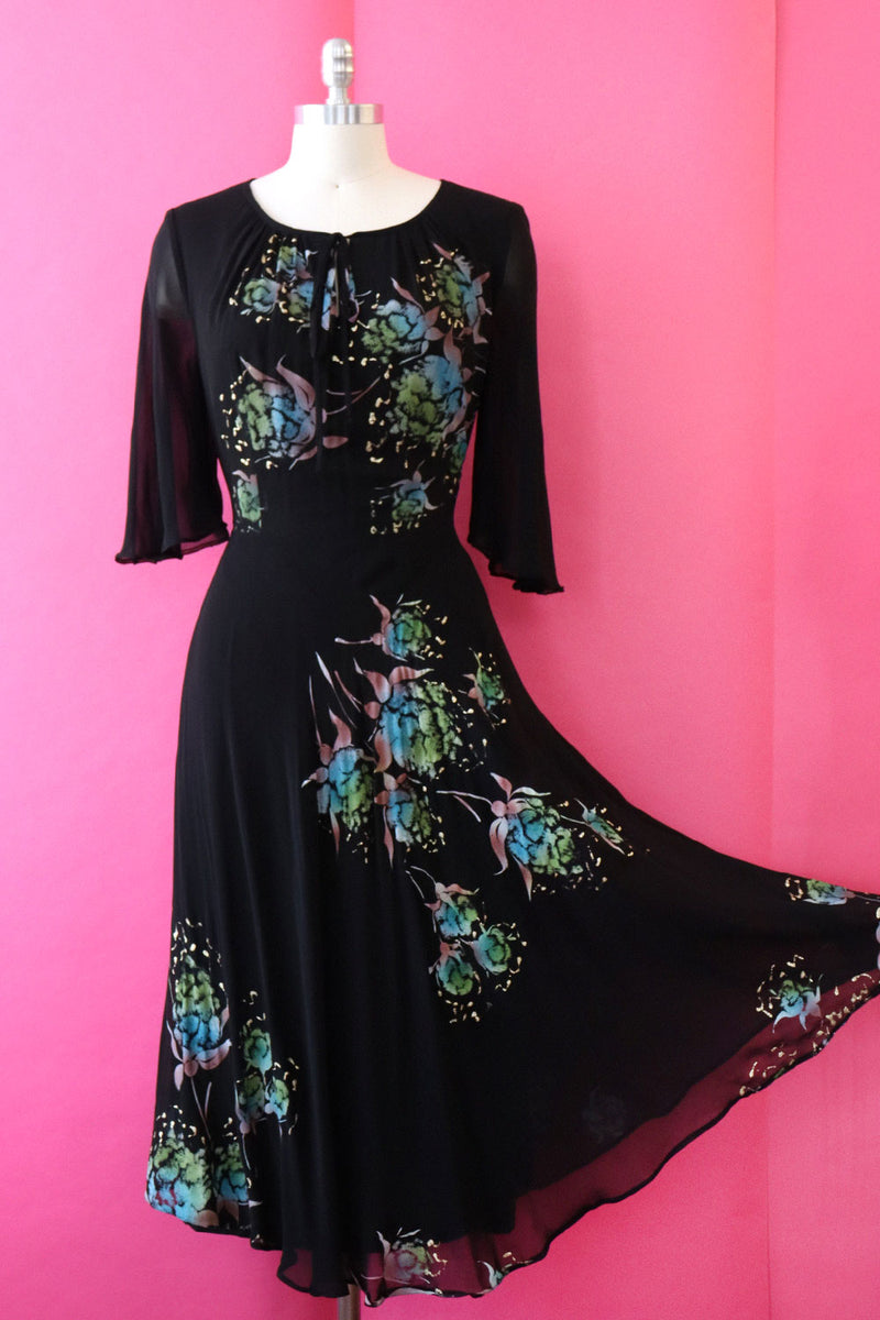 Painted Chiffon 70s Dress M/L
