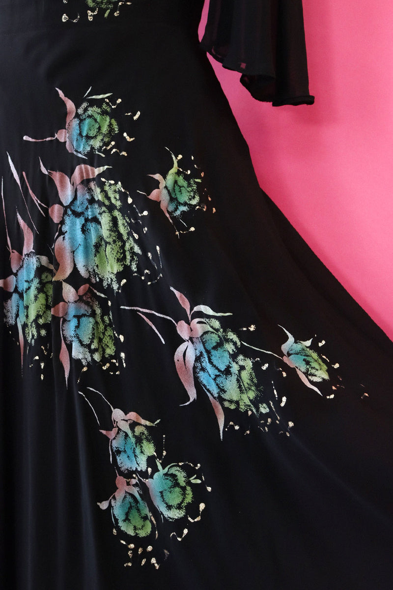 Painted Chiffon 70s Dress M/L