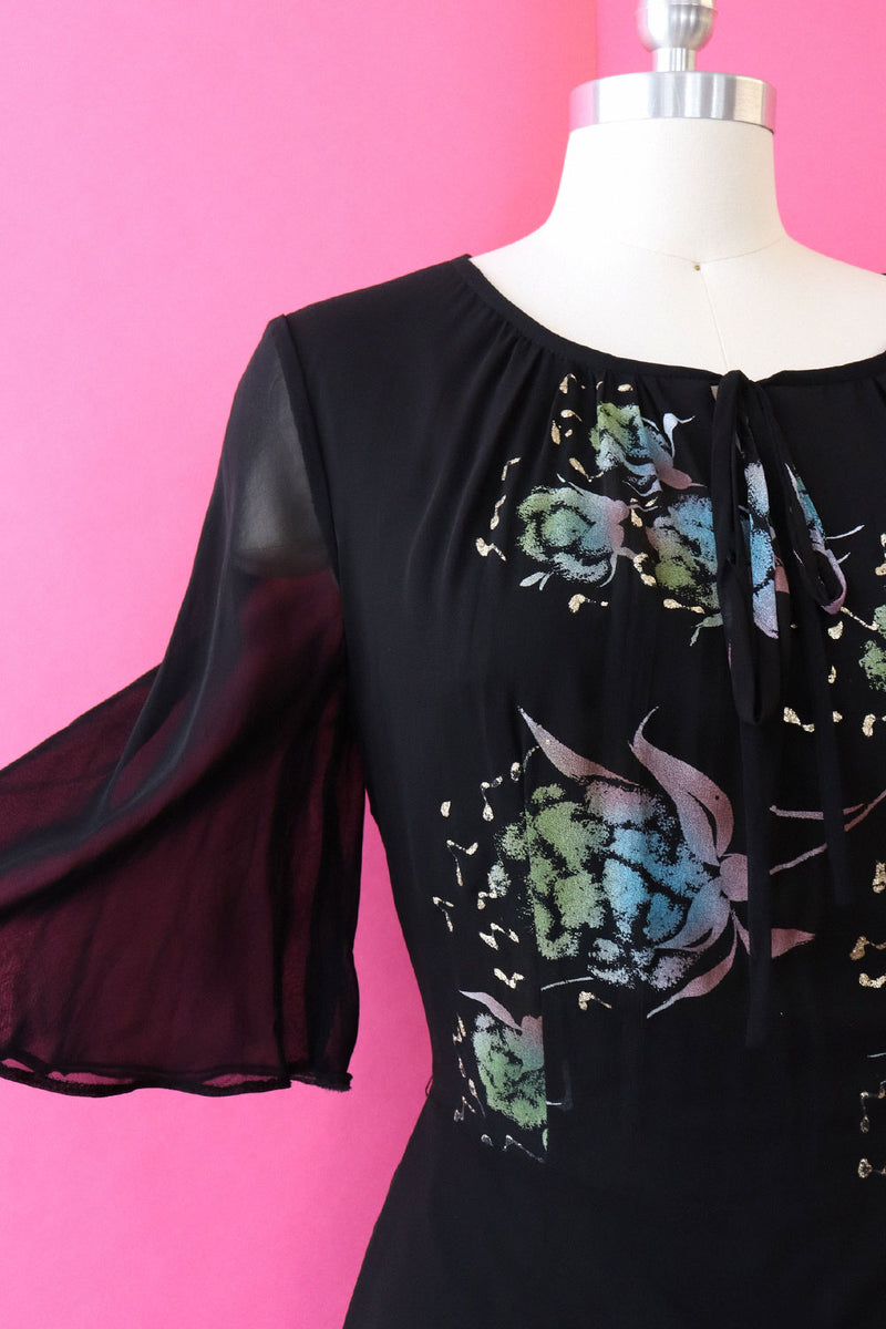 Painted Chiffon 70s Dress M/L