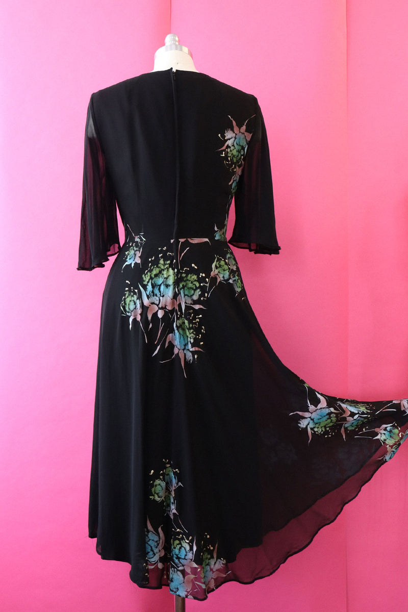 Painted Chiffon 70s Dress M/L
