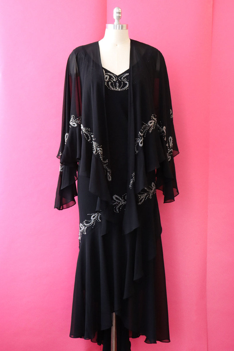 Silver Beaded Bias Cut Gown with Shawl L/XL