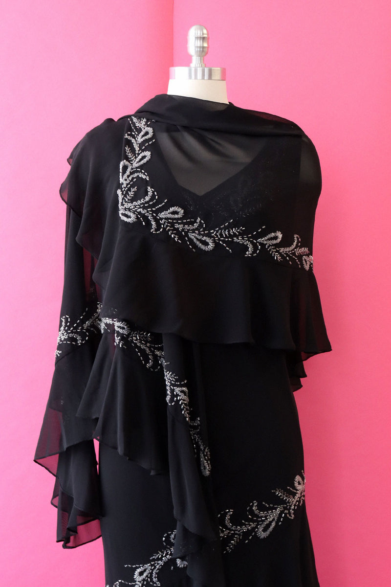 Silver Beaded Bias Cut Gown with Shawl L/XL