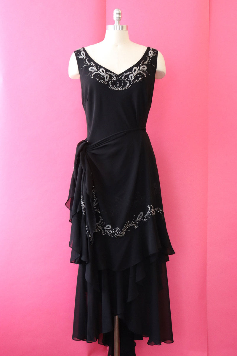 Silver Beaded Bias Cut Gown with Shawl L/XL