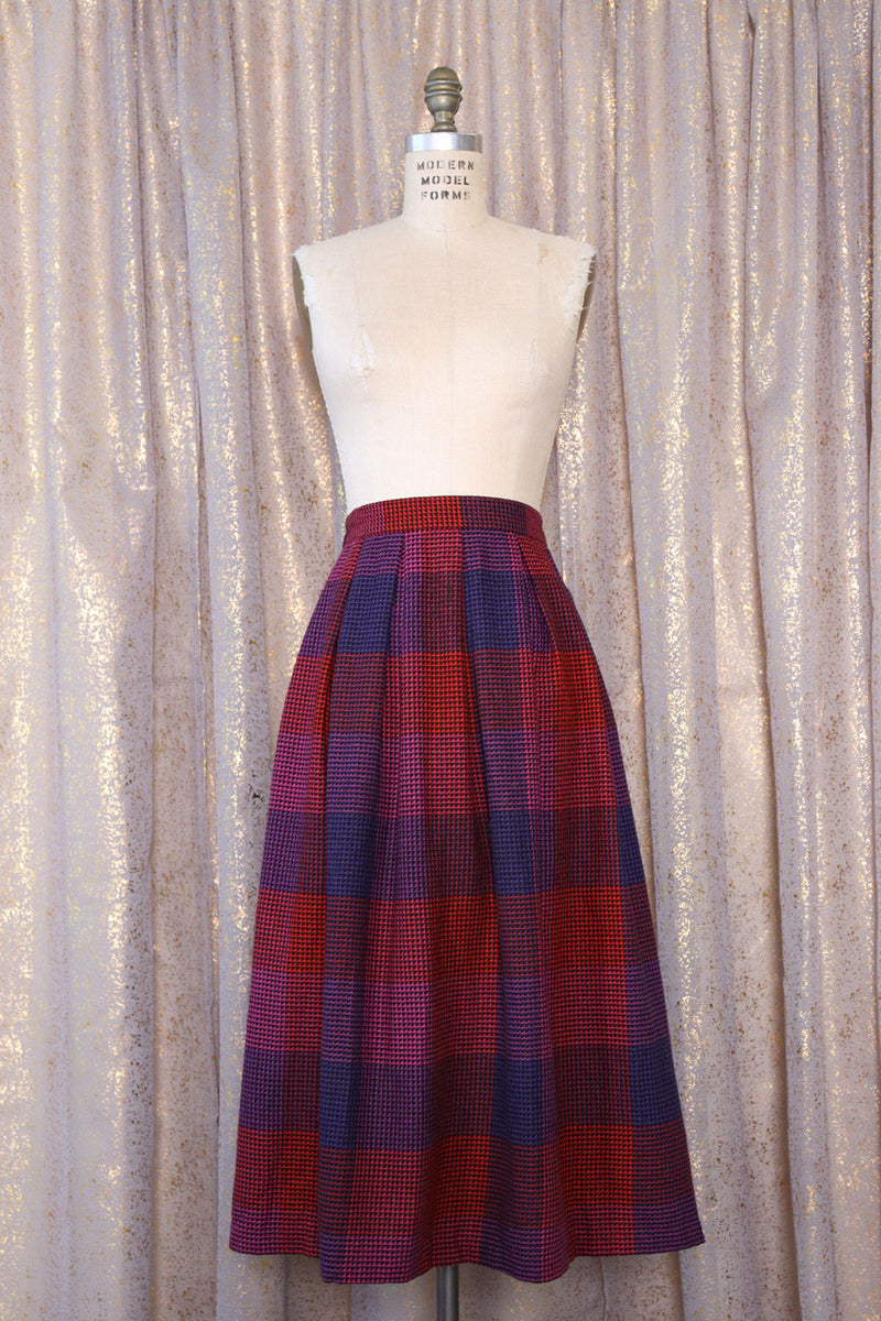 Pleated Plum Check Midi Skirt L