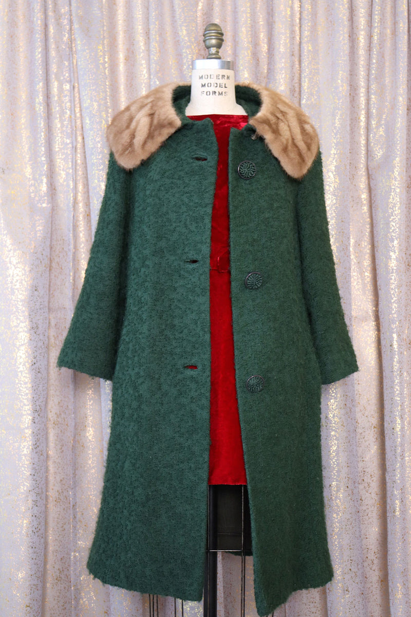 Fern Green Bouclé Fur Collar Coat S/M