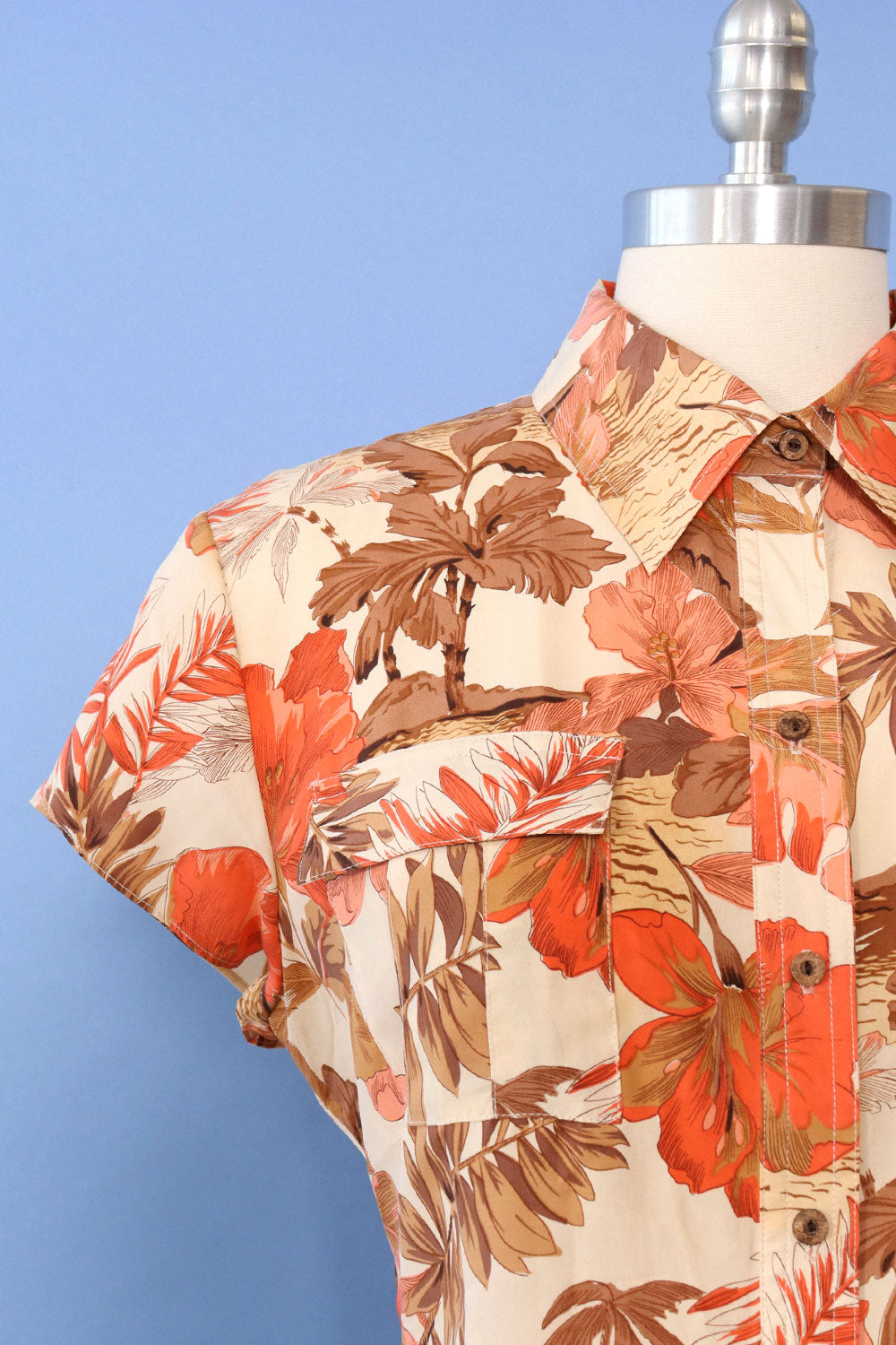 Coral Cream Silk Botanical Blouse L
