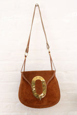 Studded Oval Chestnut Suede Shoulder Bag