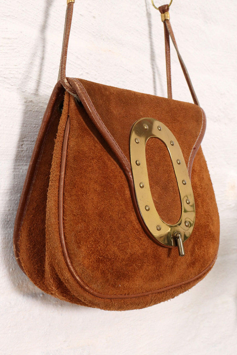 Studded Oval Chestnut Suede Shoulder Bag