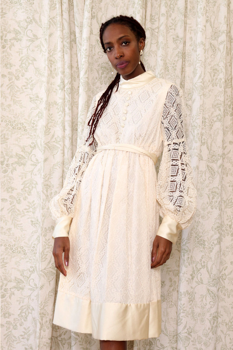 Ivory Lace Babydoll Satin Trim Dress S/M