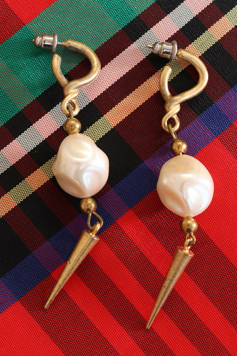 Matte Golden Pierced Pearl Dangles