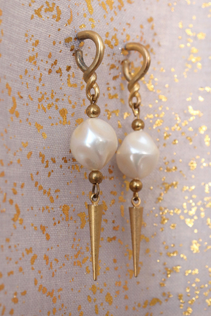 Matte Golden Pierced Pearl Dangles
