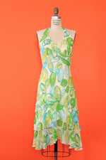 Lemon Lime Silk Flutter Halter Dress S-S/M