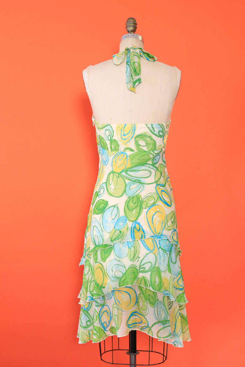 Lemon Lime Silk Flutter Halter Dress S-S/M