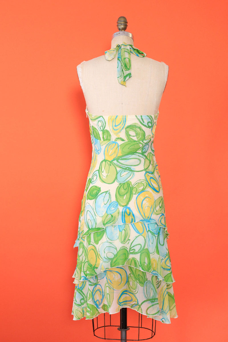 Lemon Lime Silk Flutter Halter Dress S-S/M