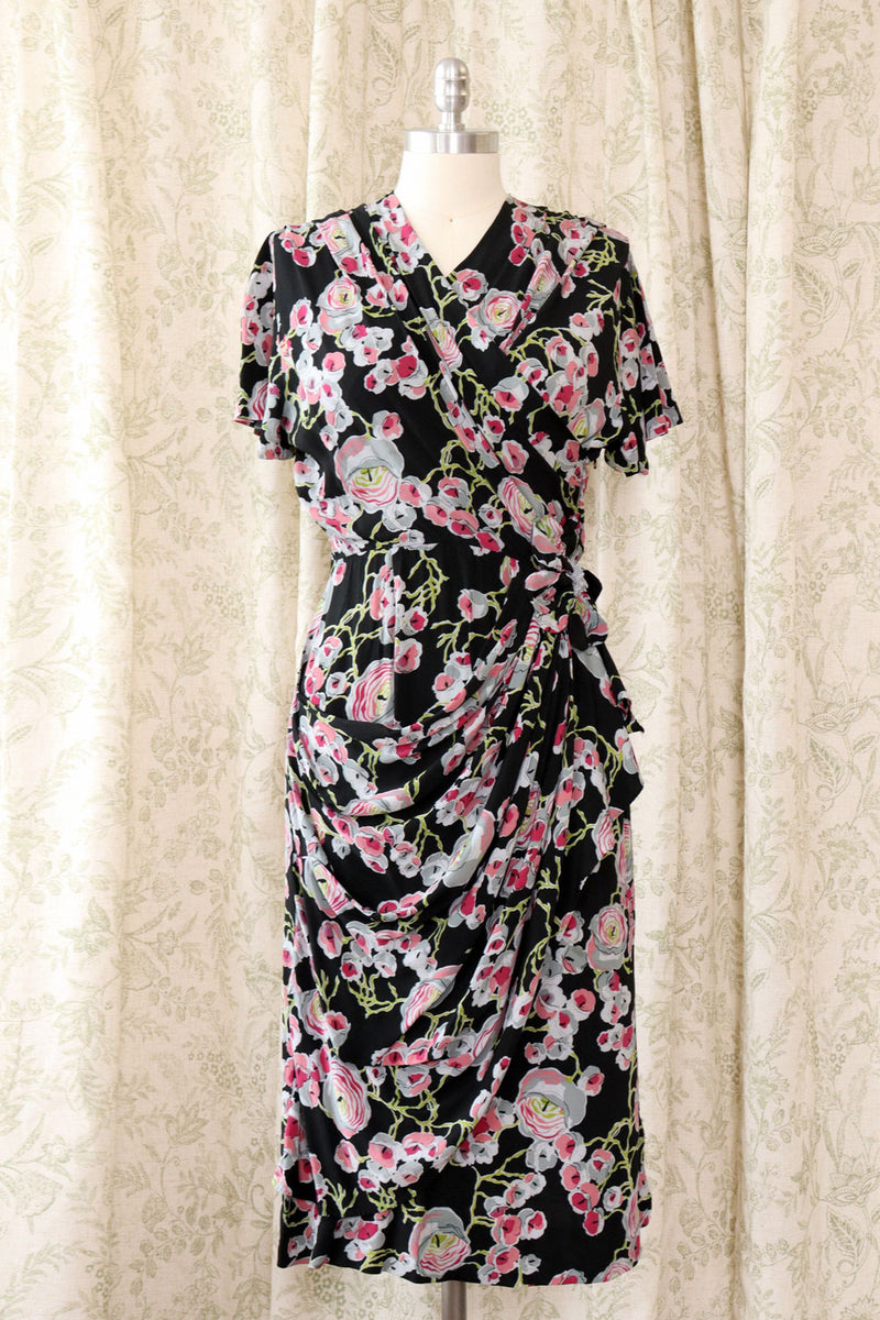 1940s Romantic Rayon Painterly Dress M