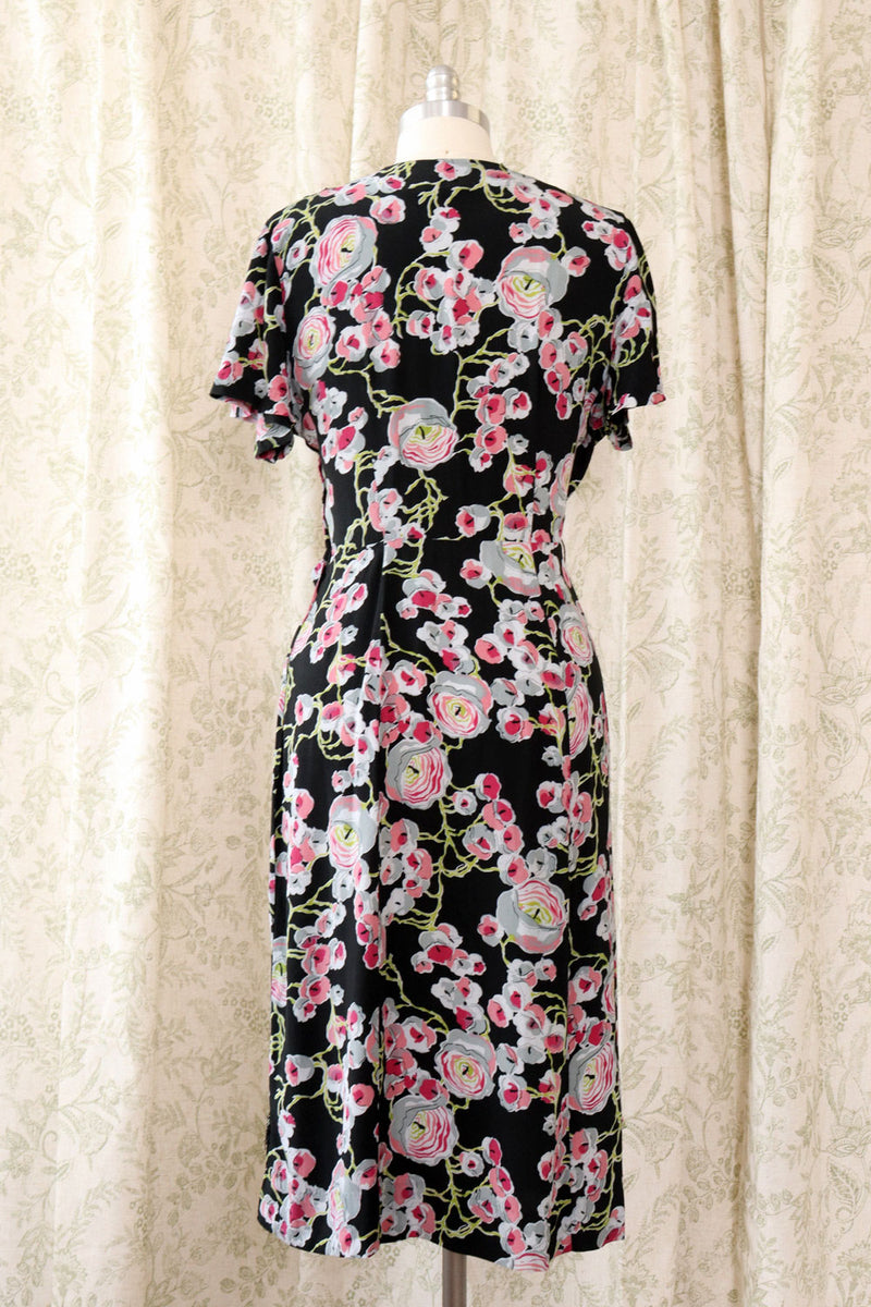 1940s Romantic Rayon Painterly Dress M