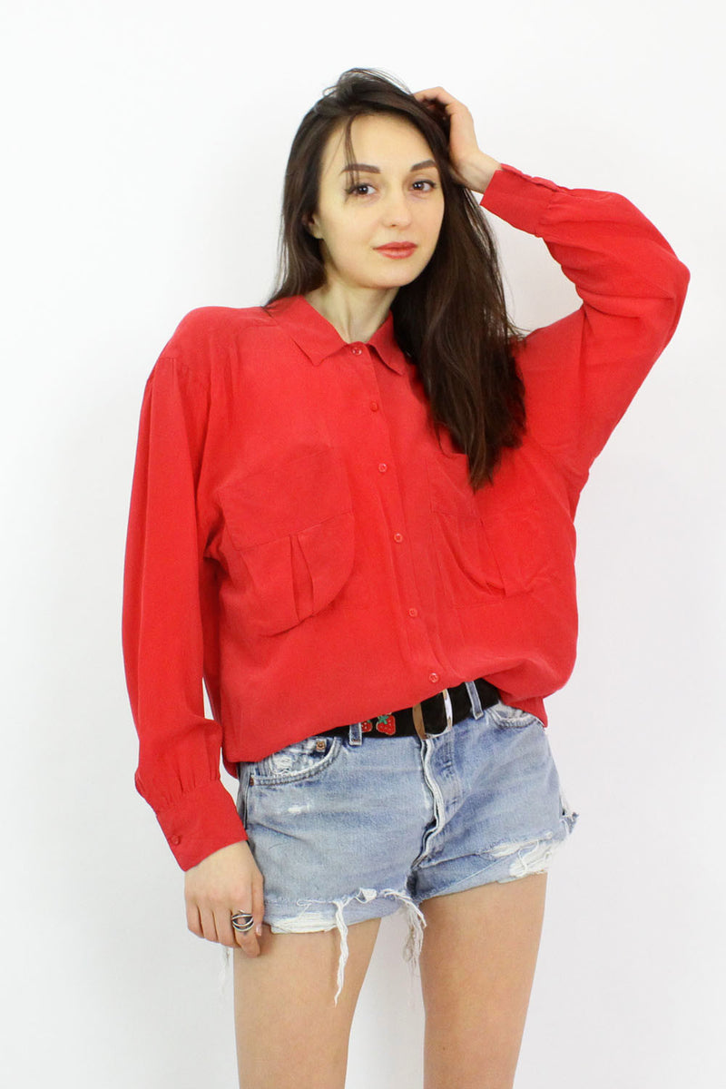 Oversized Red Silk Blouse