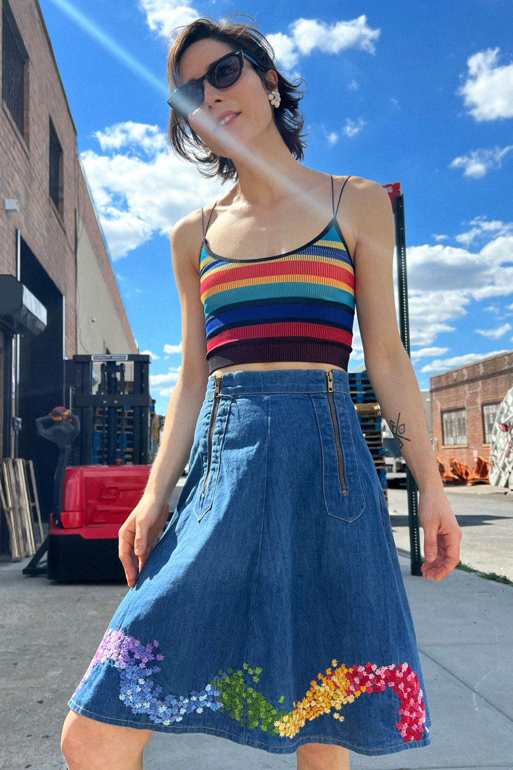 Blue Flower Embellished Denim Skirt | Sana - Twice - Fashion