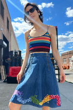 Rainbow Flower Denim Skirt M