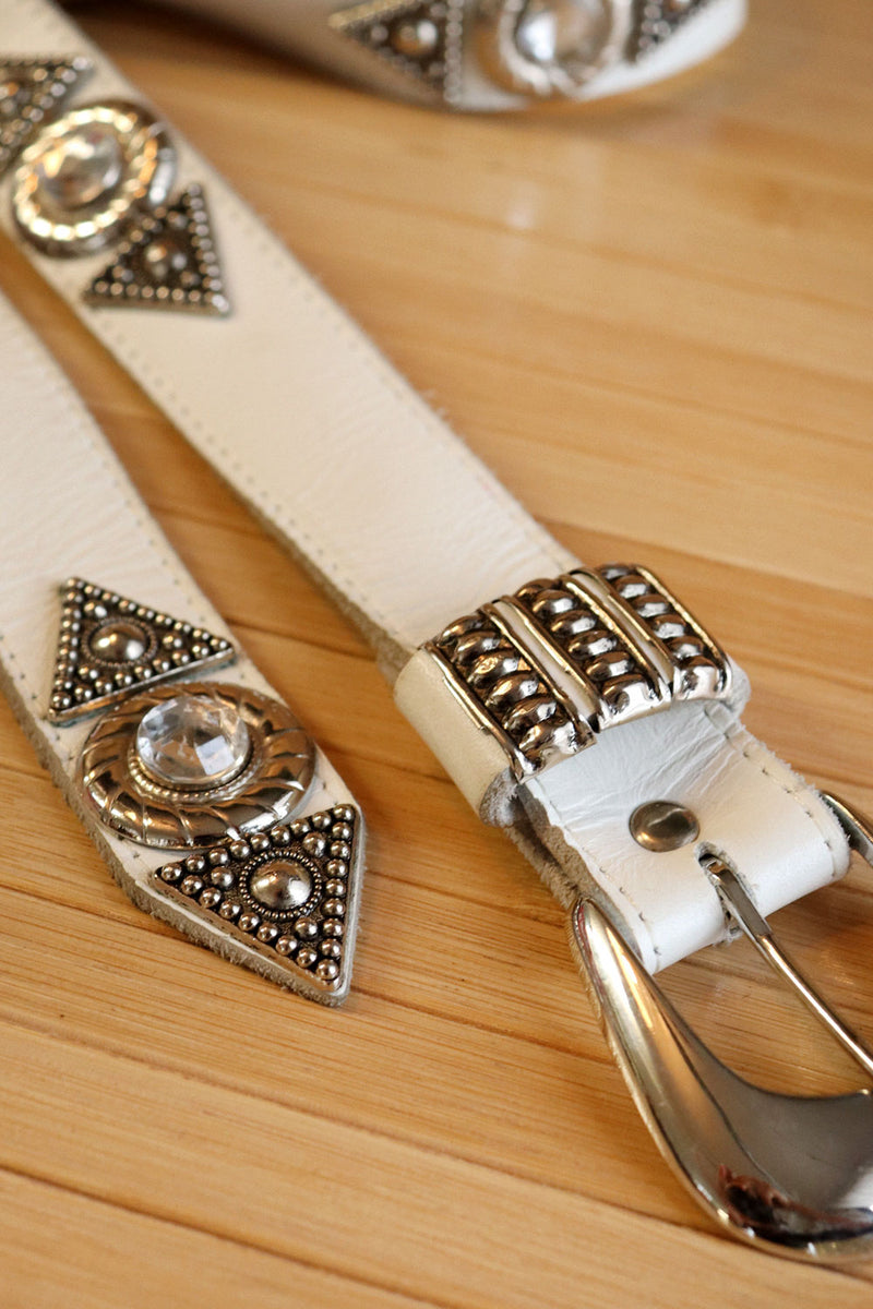 Embellished White Leather Belt