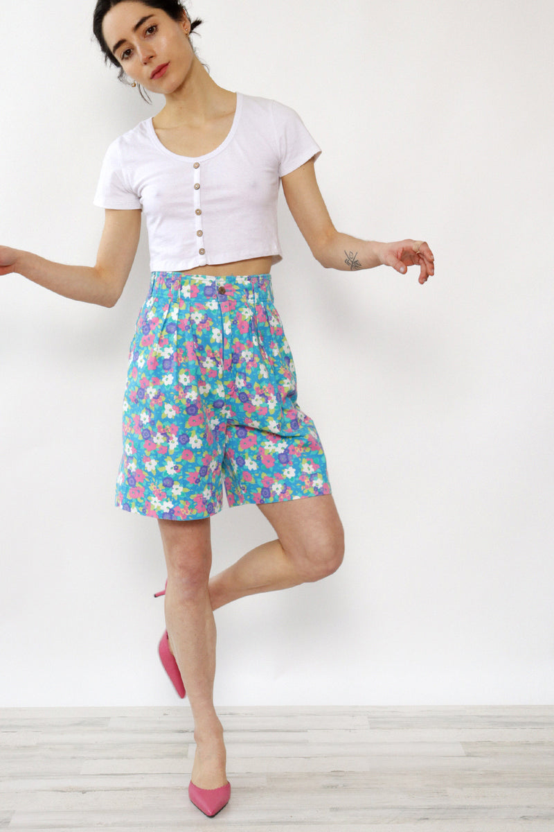 Neon Floral Pleated Shorts S-S/M