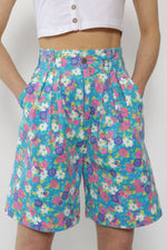 Neon Floral Pleated Shorts S-S/M