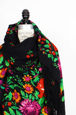 70s Black Floral Piano Shawl • XL