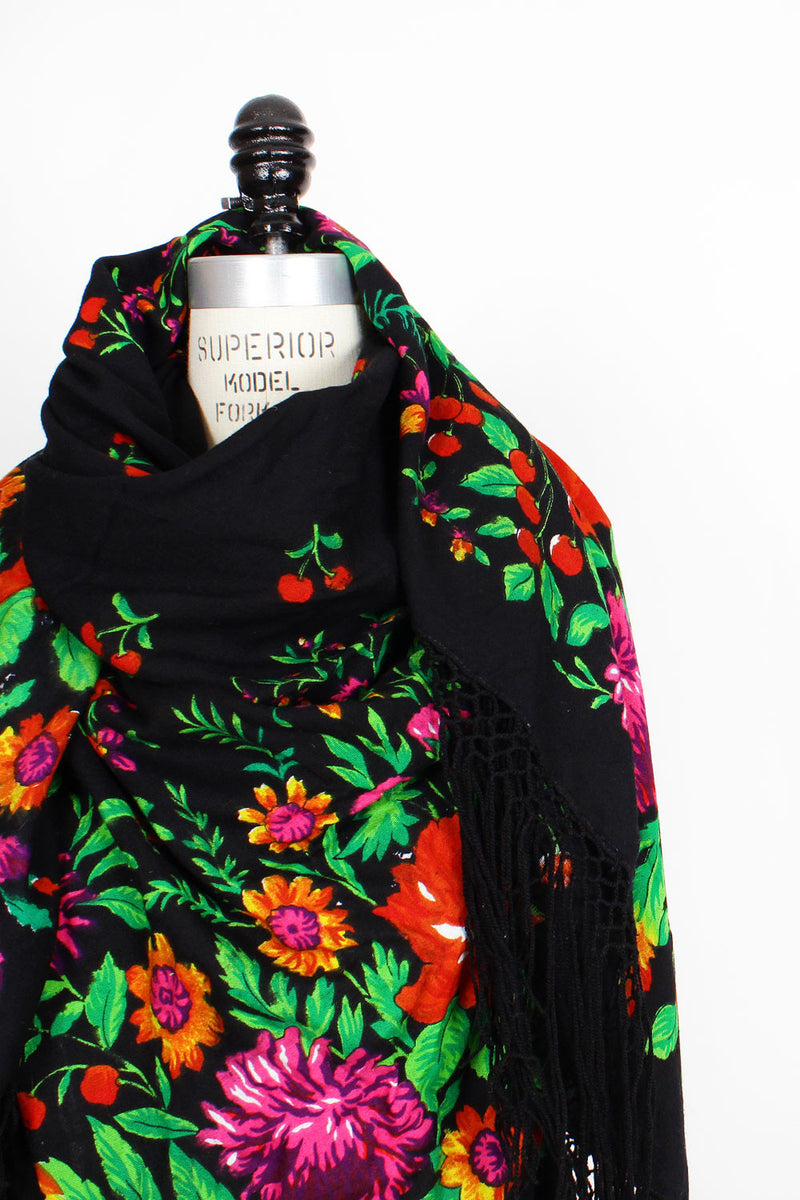 70s Black Floral Piano Shawl • XL
