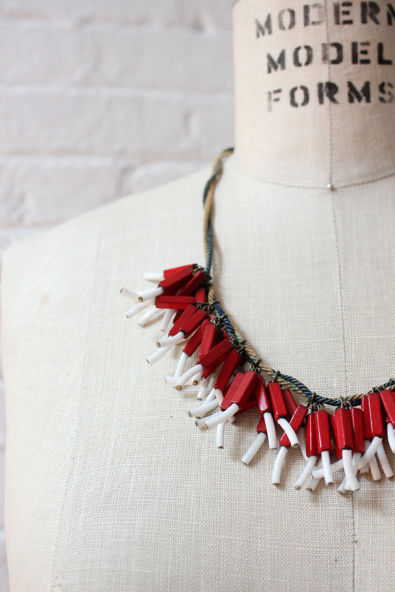 Red & White Bugle Bead Cluster Necklace