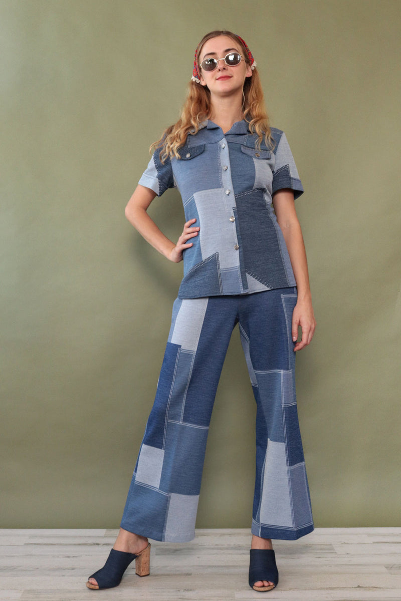 Patched Denim Print Knit Suit M-M/L