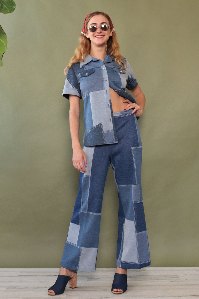 Patched Denim Print Knit Suit M-M/L